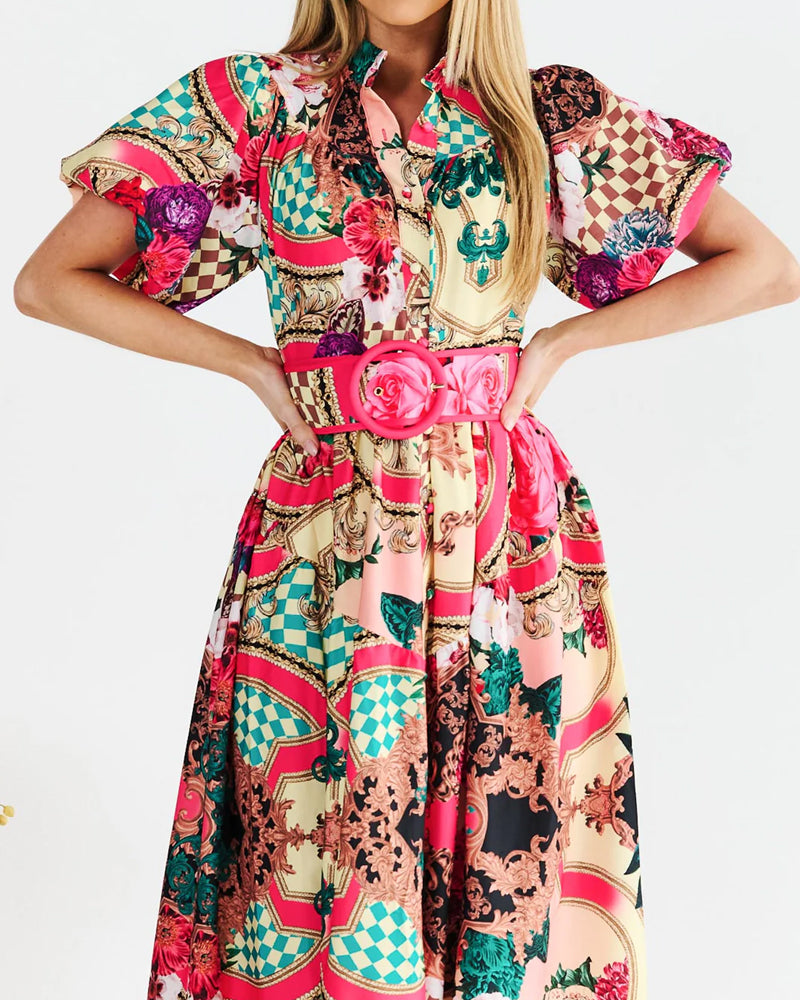 Elegant Lapel Printed Belt Dress