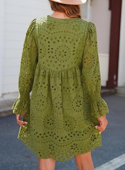 Neckline Long Sleeve A-Line Hollow Lace Pleated Dress