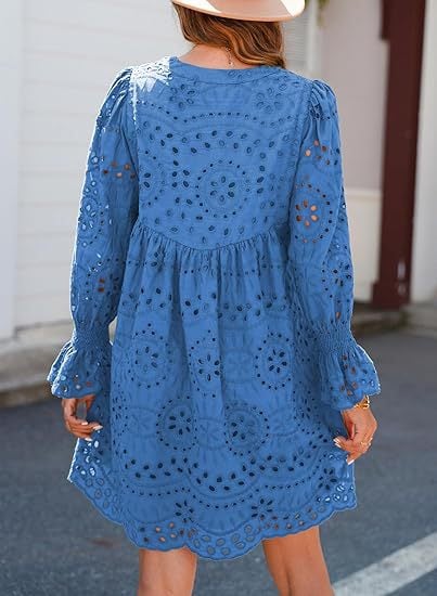 Neckline Long Sleeve A-Line Hollow Lace Pleated Dress