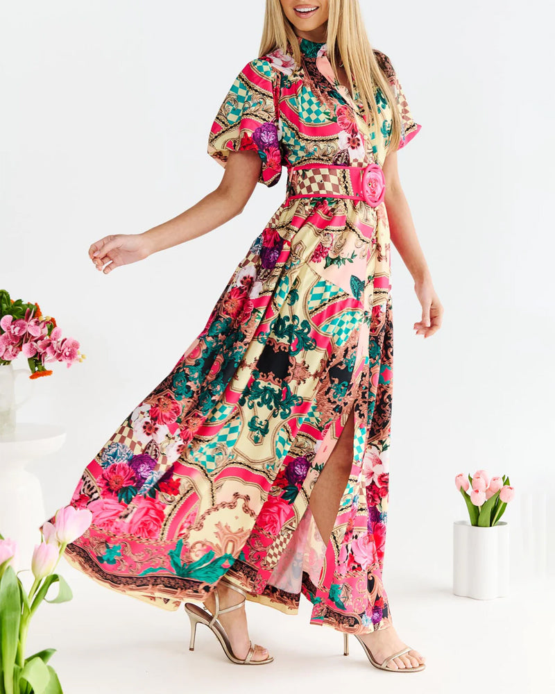 Elegant Lapel Printed Belt Dress