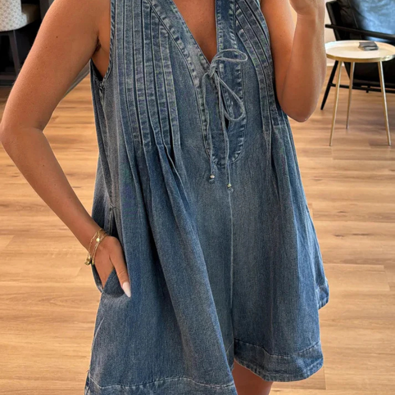 Denim V-Neck Pleated Romper