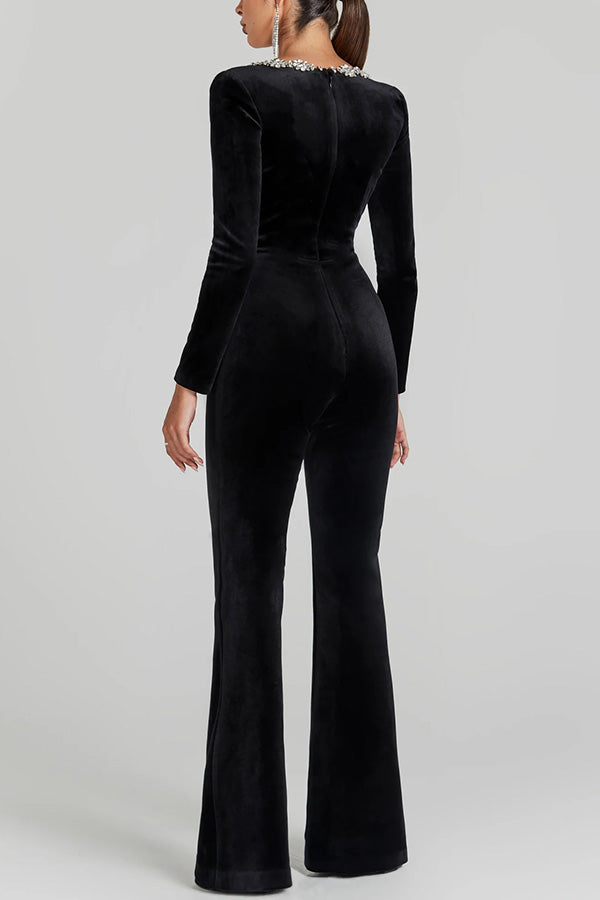 Velvet Jewel Embellished Trim Long Sleeve Flare Jumpsuit