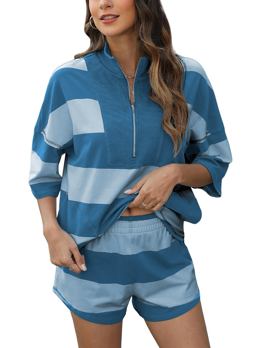 Women’s Striped Half-Zip Top & Elastic Waist Shorts Lounge Set Activewear