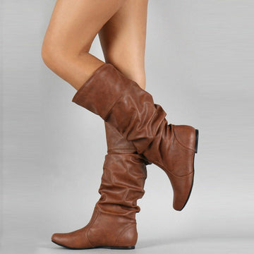 Women’s Mid Calf Slouch Boots Flat Retro Wide Calf Boots