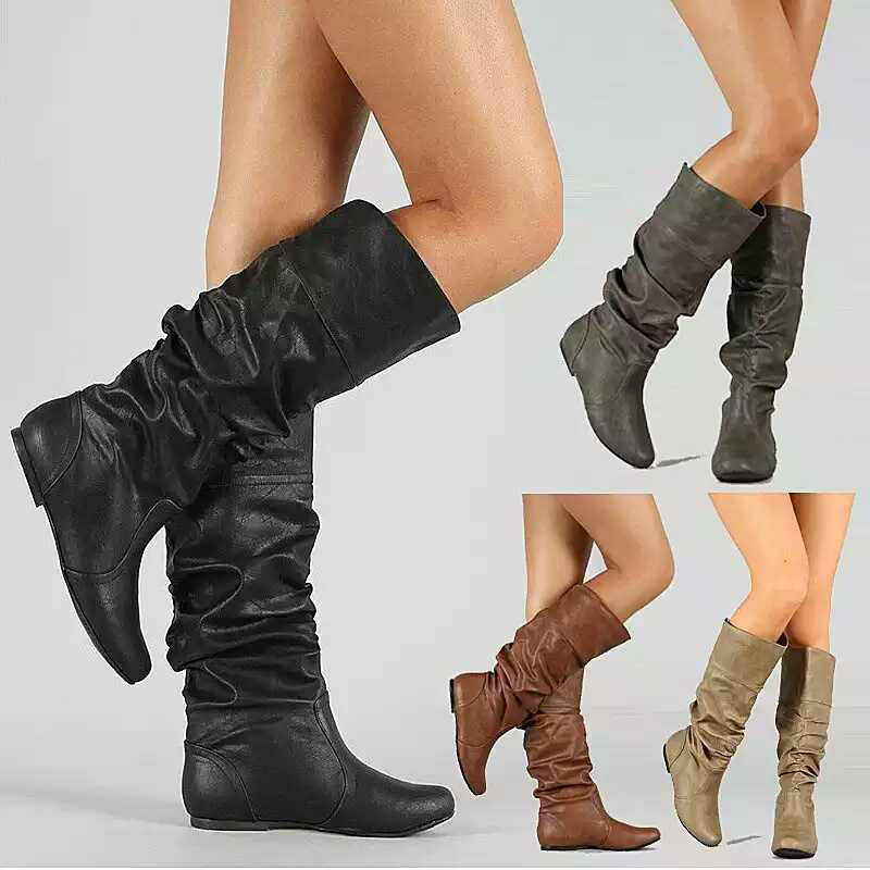 Women’s Mid Calf Slouch Boots Flat Retro Wide Calf Boots