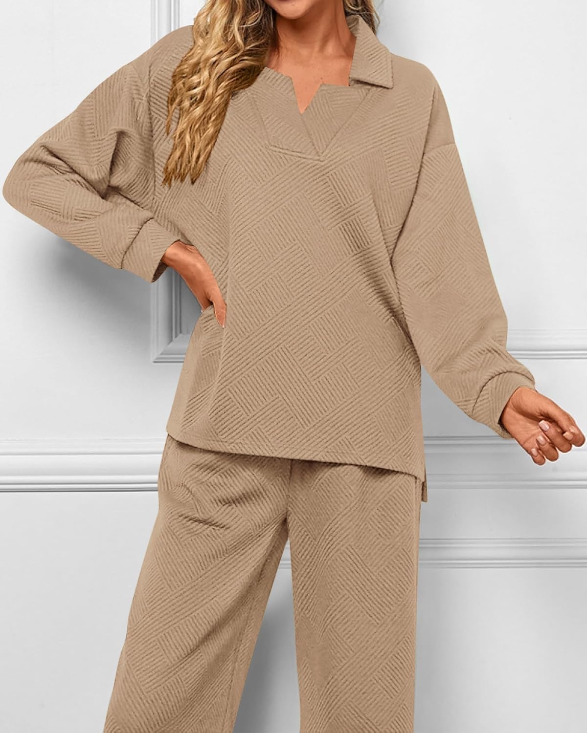 Textured V Neck Pullover Wide Leg Pants Lounge Set