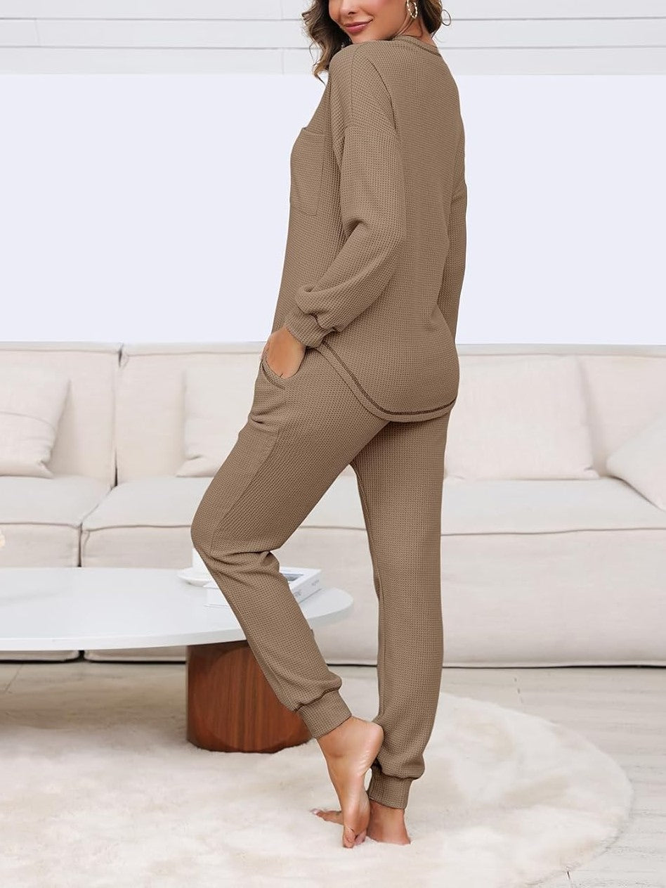 V Neck Waffle Knit Sleepwear Top and Pant Lounge Sets