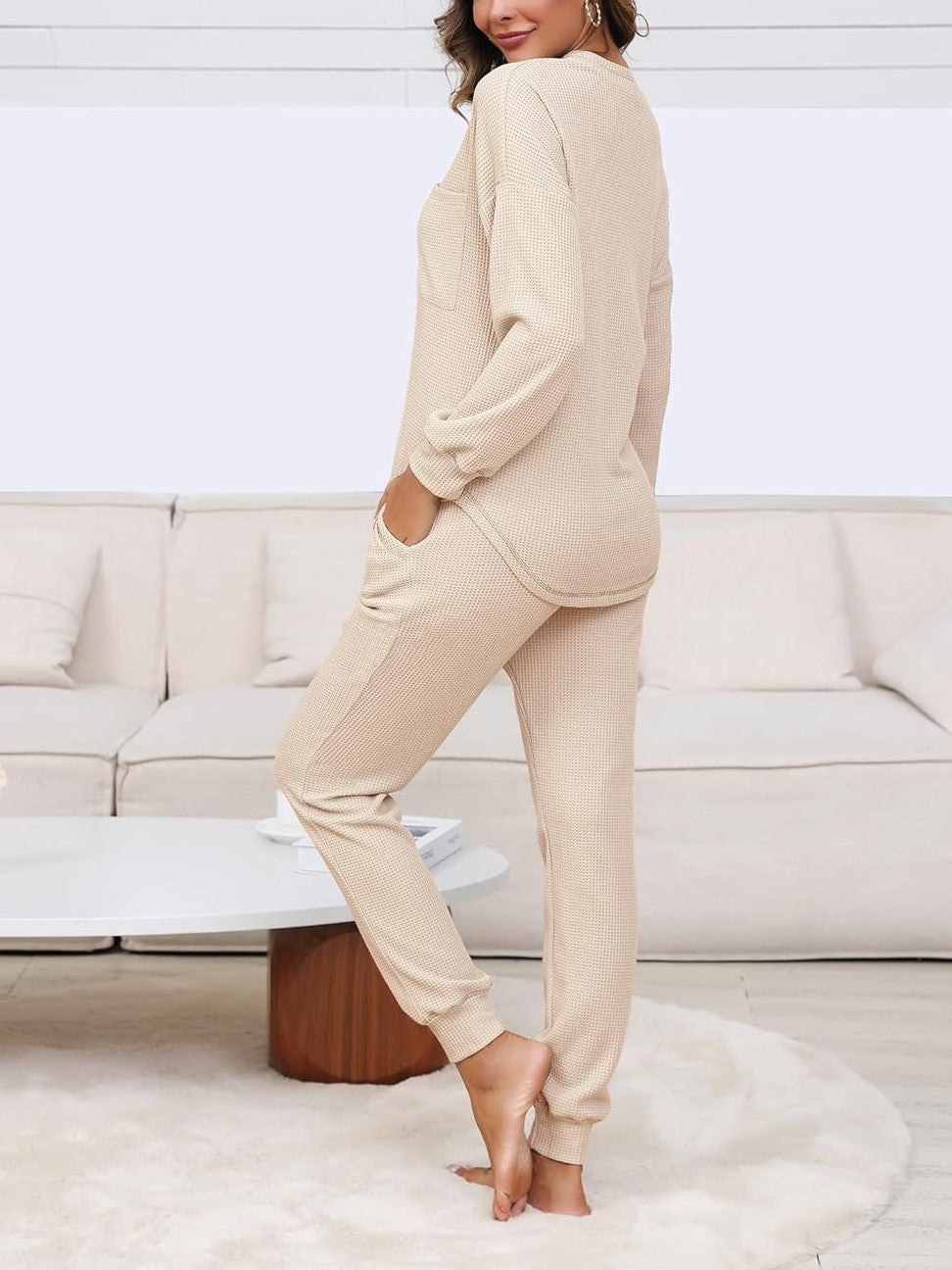 V Neck Waffle Knit Sleepwear Top and Pant Lounge Sets