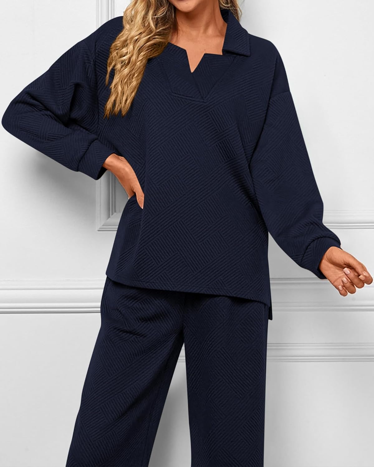 Textured V Neck Pullover Wide Leg Pants Lounge Set