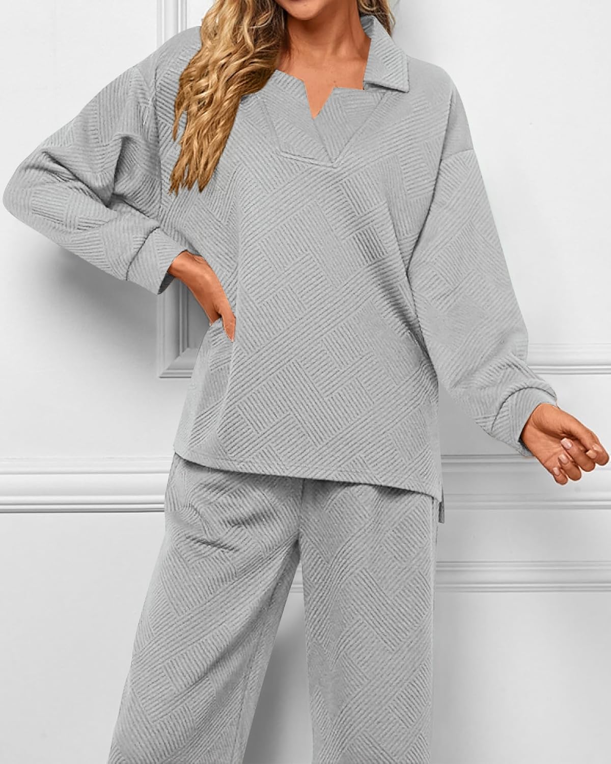 Textured V Neck Pullover Wide Leg Pants Lounge Set