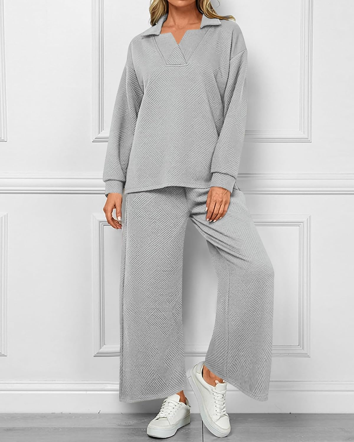 Textured V Neck Pullover Wide Leg Pants Lounge Set