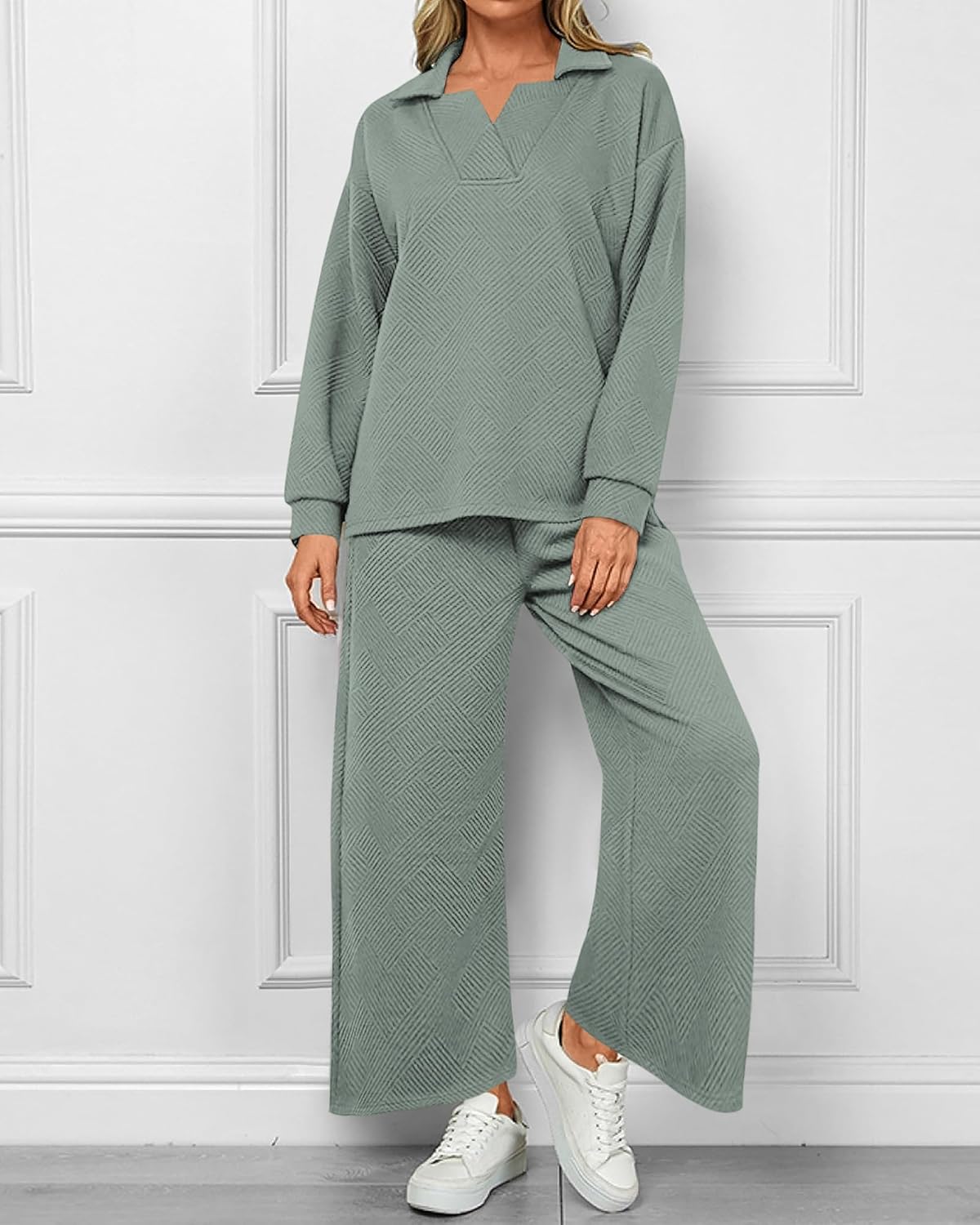 Textured V Neck Pullover Wide Leg Pants Lounge Set