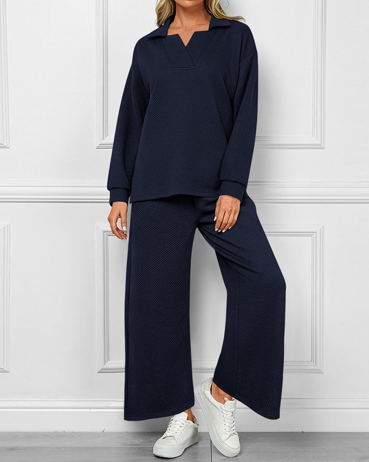 Textured V Neck Pullover Wide Leg Pants Lounge Set