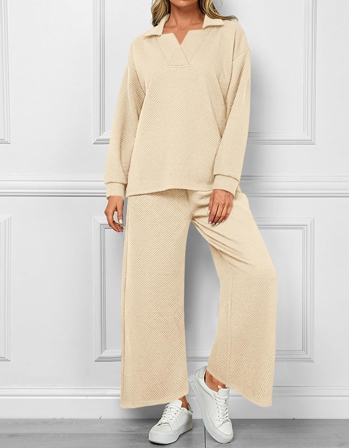 Textured V Neck Pullover Wide Leg Pants Lounge Set