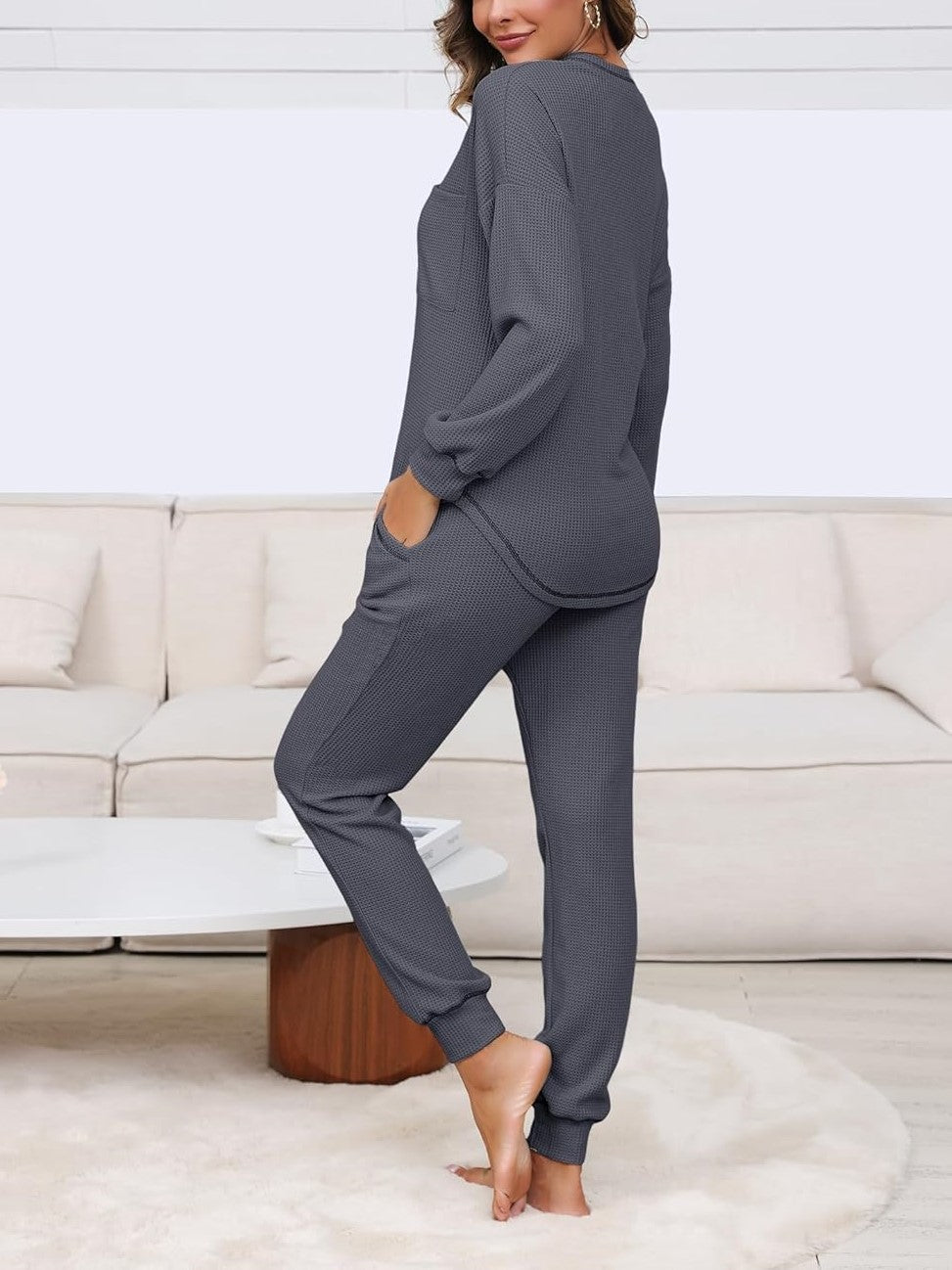 V Neck Waffle Knit Sleepwear Top and Pant Lounge Sets