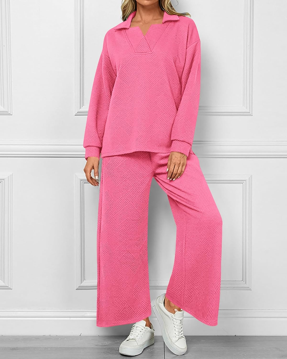 Textured V Neck Pullover Wide Leg Pants Lounge Set