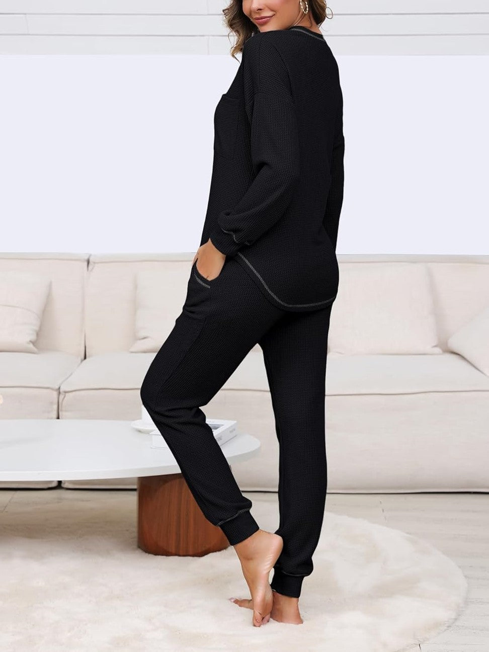 V Neck Waffle Knit Sleepwear Top and Pant Lounge Sets