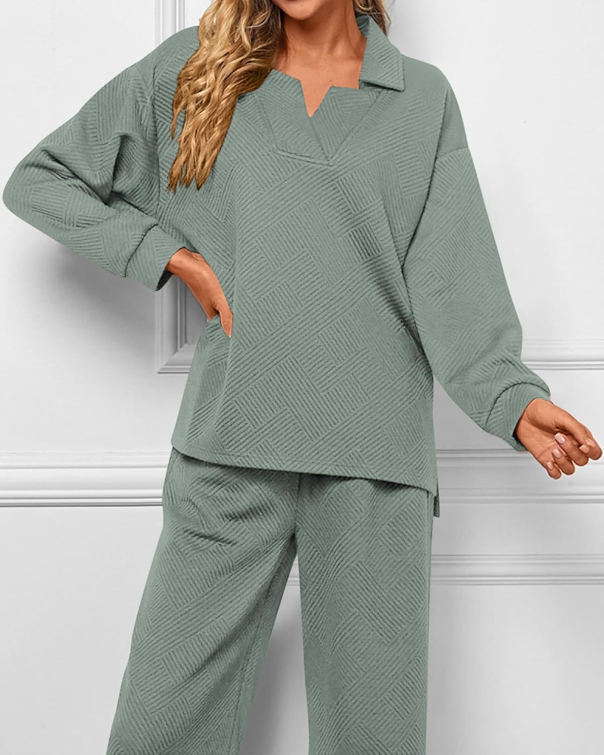 Textured V Neck Pullover Wide Leg Pants Lounge Set