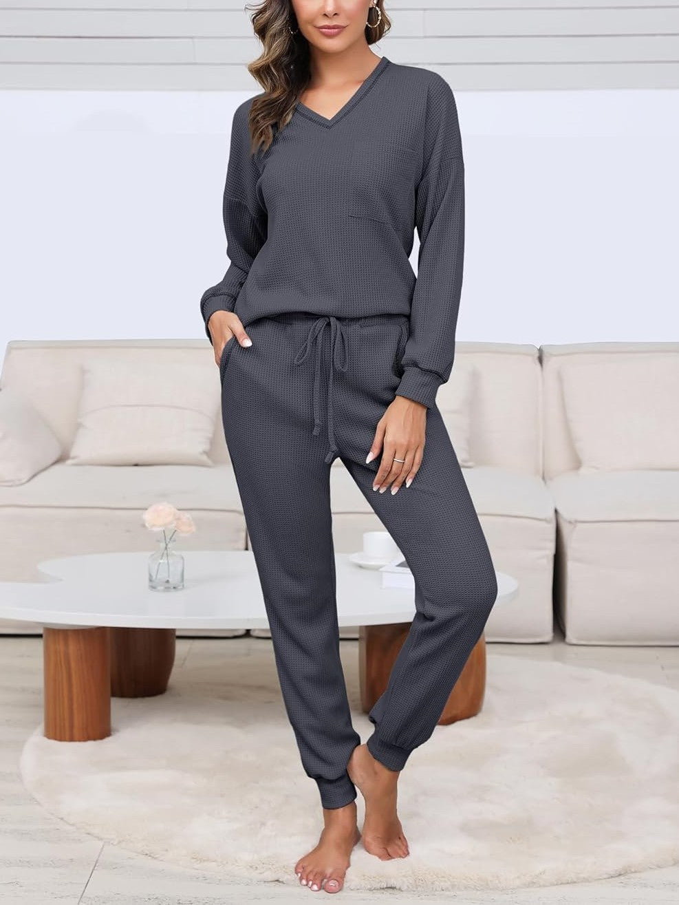 V Neck Waffle Knit Sleepwear Top and Pant Lounge Sets