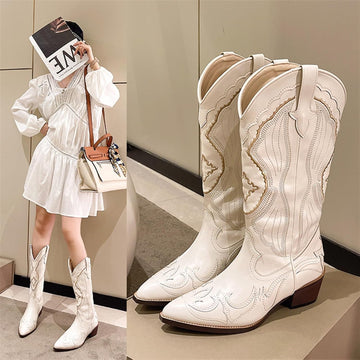 Cowgirl Embroidered Chunky Heel Squart Toe Pu Leather Shoes Fashion Party Boot Knee High Boots For Women