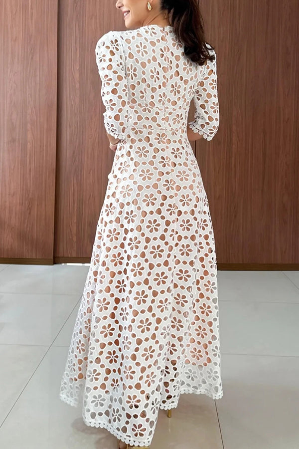 Crochet Floral Lace Puff Sleeve Lined Maxi Dress