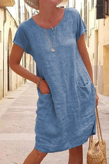 Solid color pocket cotton linen dress