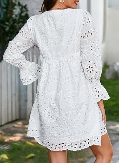 Neckline Long Sleeve A-Line Hollow Lace Pleated Dress