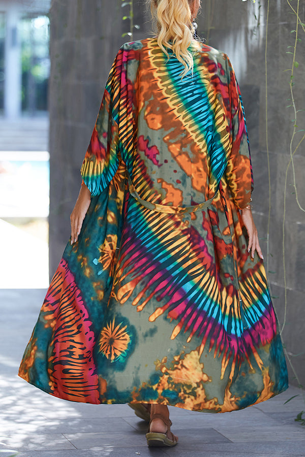 Unique Print Loose Lace Up Holiday Maxi Cover Up