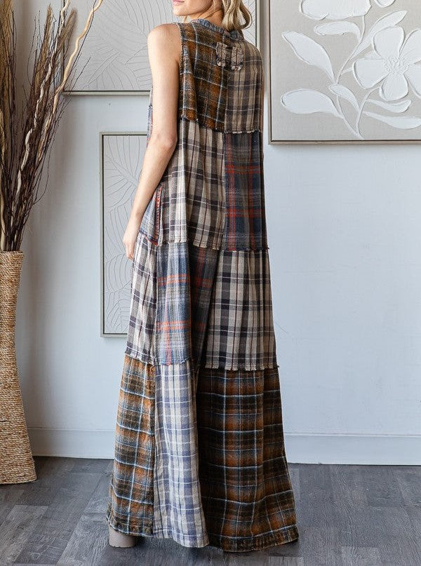 Extra Wide Leg Plaid Button Jumpsuit