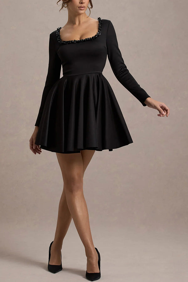 Pearl Embellished Trim Long Sleeve Pleated Mini Dress