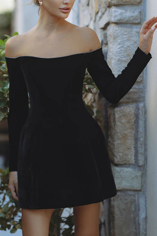 Velvet Glitter Trim Off Shoulder Long Sleeve Pocketed Mini Dress