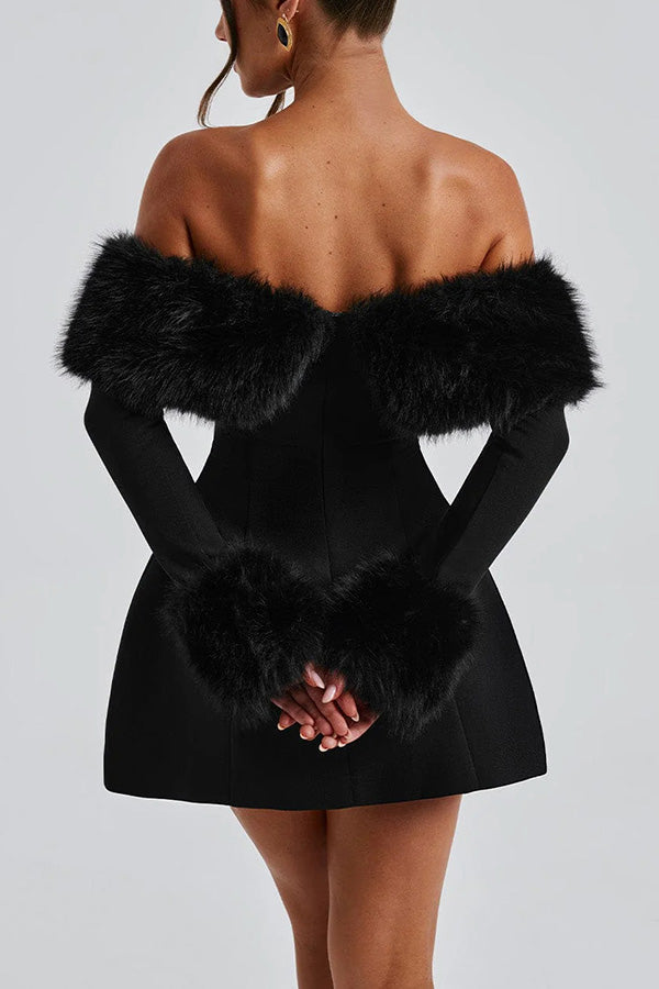 Faux Fur Trim Off Shoulder Bubble Shaped Mini Dress