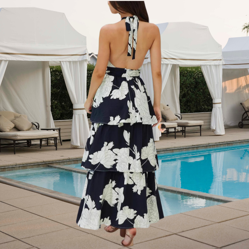 Elegant Floral Print Lace Up Backless Flounce Halter Cake Skirt Dresses