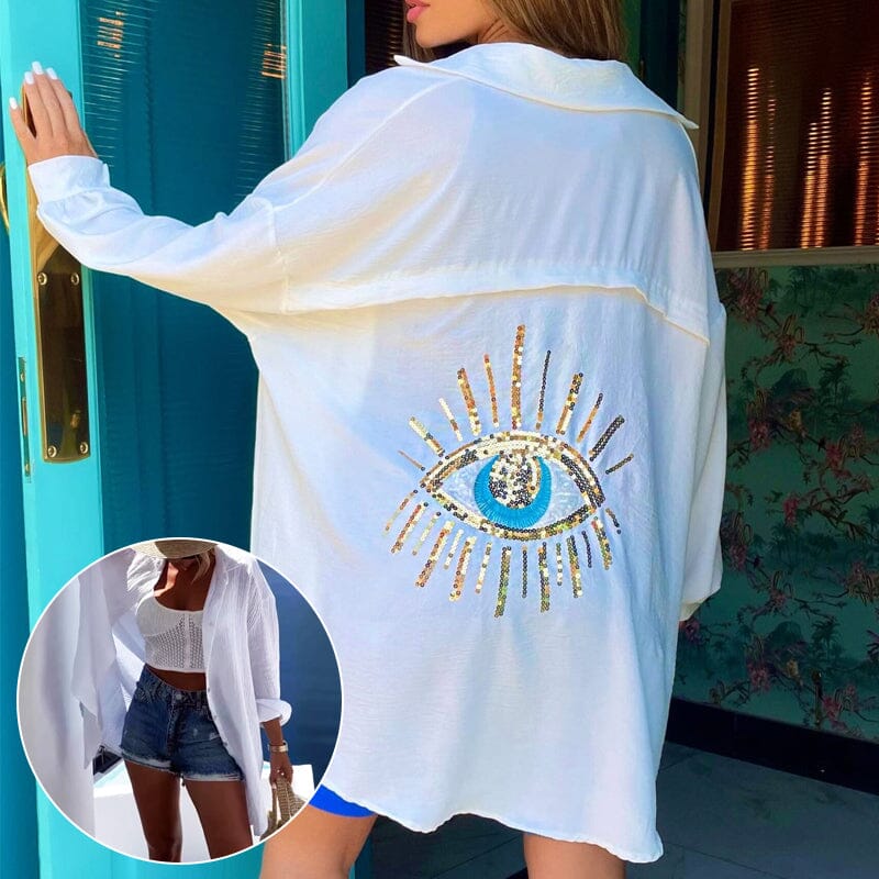 Evil Eye Casual Sequin Beaded Shirt