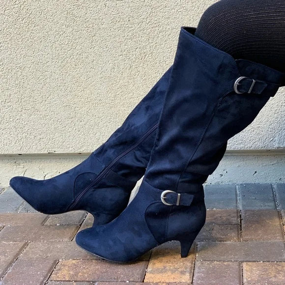 Women’s Adjustable Wide Calf Kitten Heel Knee High Boots