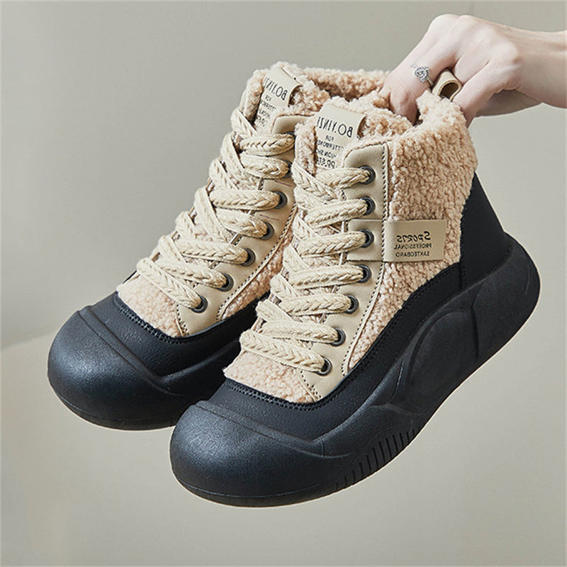 Female Winter Casual Cute Furry Thick-Soled Lace Up Boots