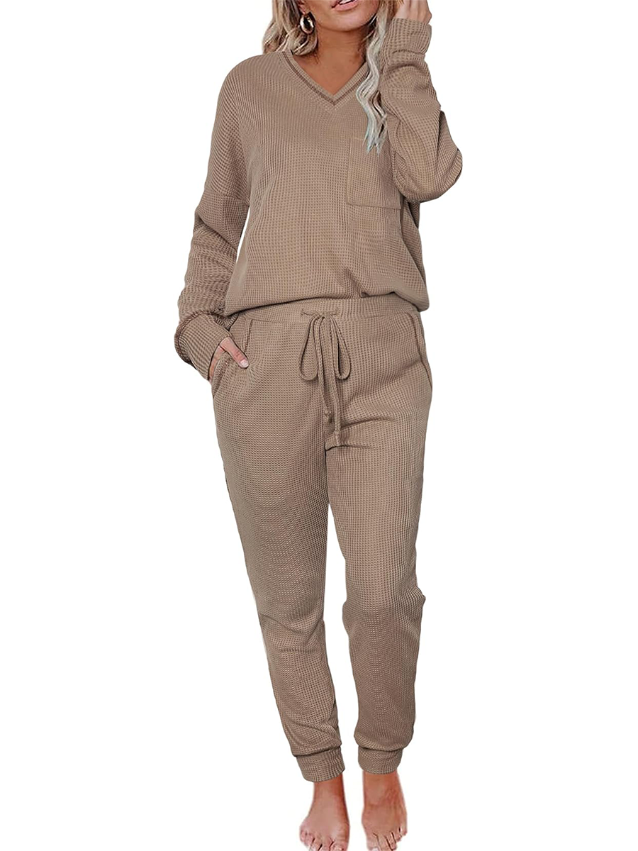 V Neck Waffle Knit Sleepwear Top and Pant Lounge Sets