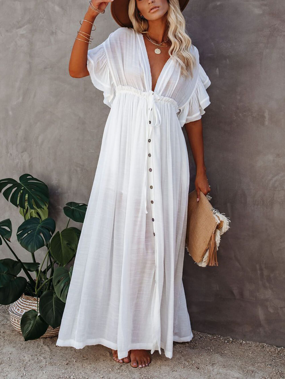 Button Cotton Linen Perfect Beach Boho Maxi Dress