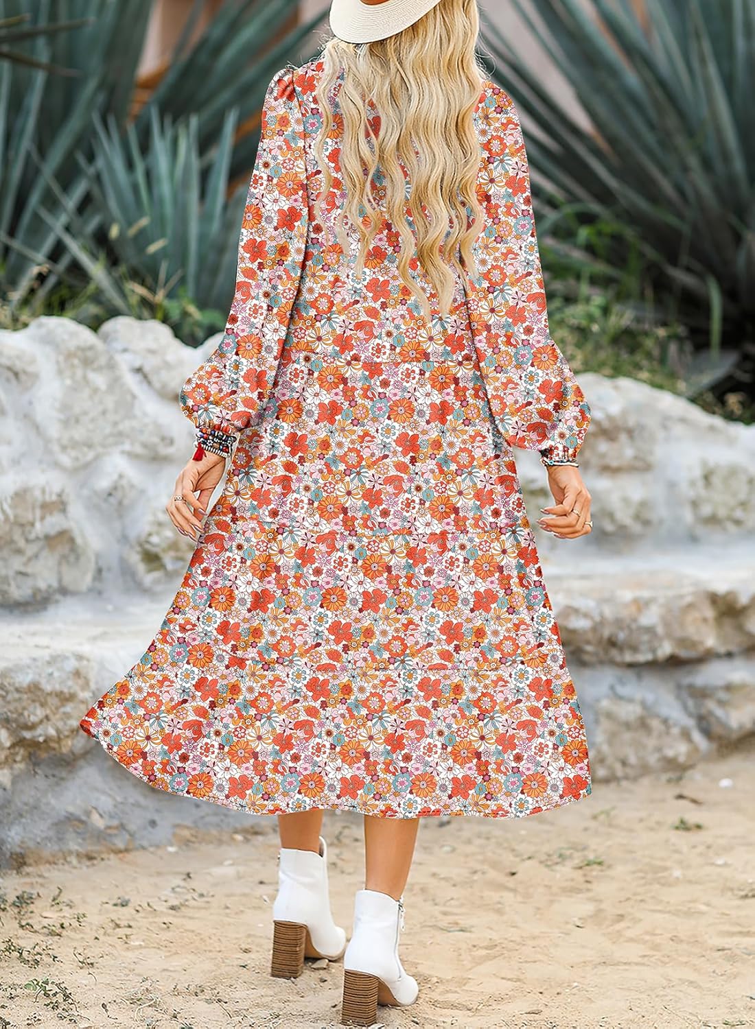 Women's Casual Loose Puff Sleeve V Neck Bohemian Floral Dress