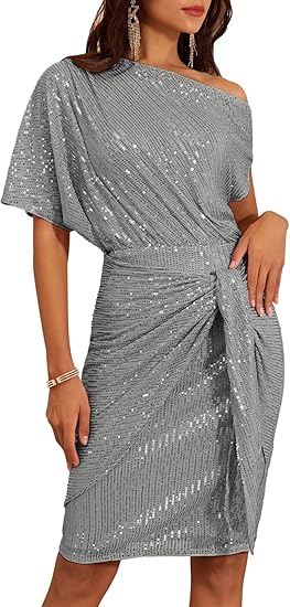 Women's Sequin Sparkly Glitter One Shoulder Ruched Bodycon Dress