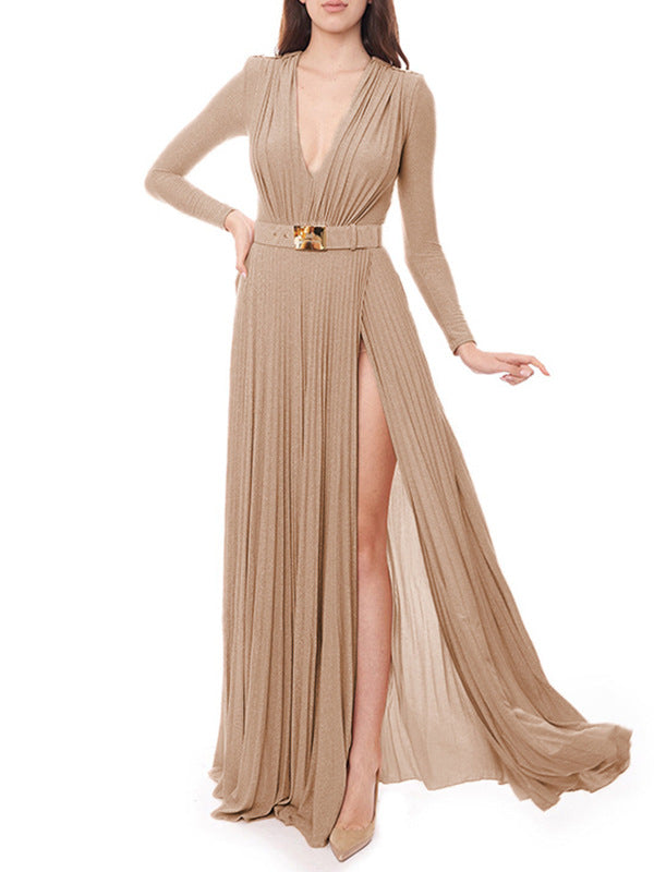 V-neck Lace Pleated Evening Dress