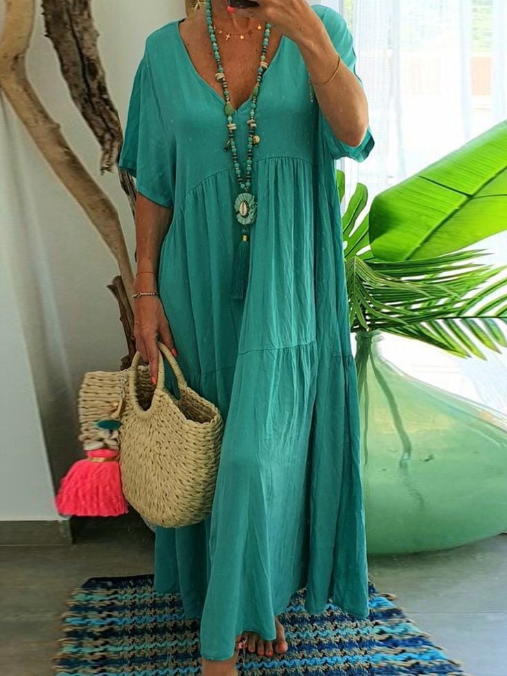 Women's Casual Long Dress with Short Sleeves