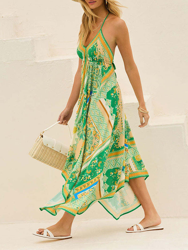 Off-the-shoulder V-neck Halter Print Dress