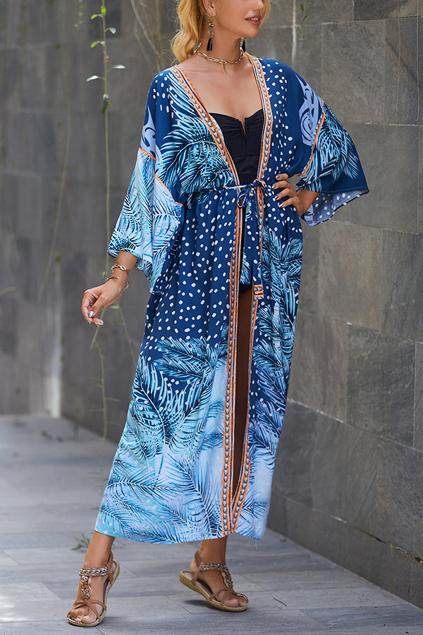 Unique Print Loose Lace Up Holiday Maxi Cover Up