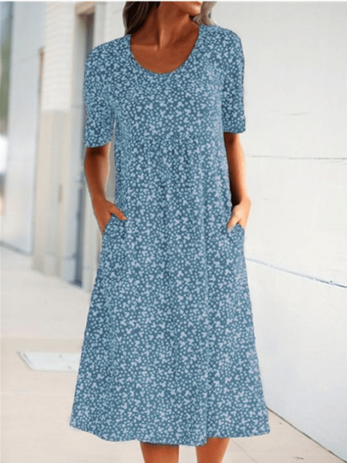 Casual Women Cotton Scoop Neck Floral Dress (8 Colors with Pockets)