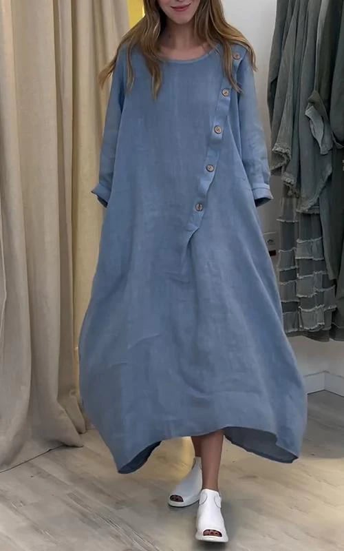 Women's Casual Round Neck Solid Color Cotton and Linen Dress