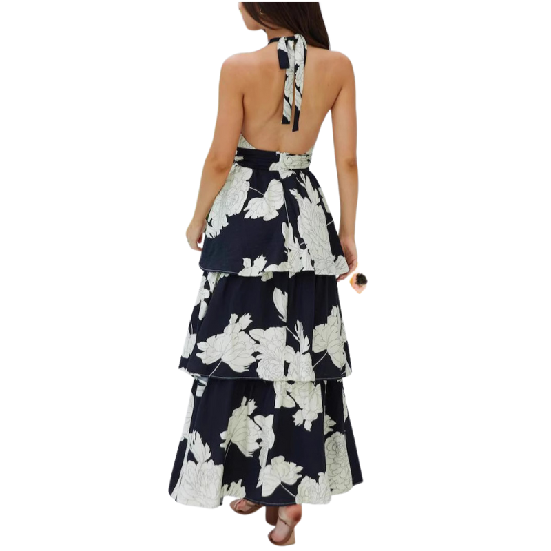 Elegant Floral Print Lace Up Backless Flounce Halter Cake Skirt Dresses