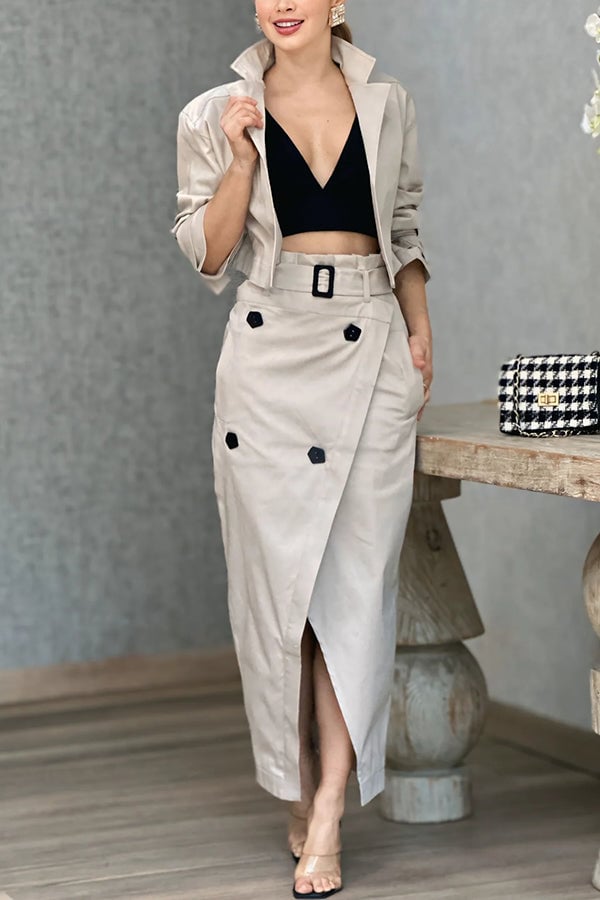 Women's Versatile Casual Work Wear Temperament Button Belt Skirt Set