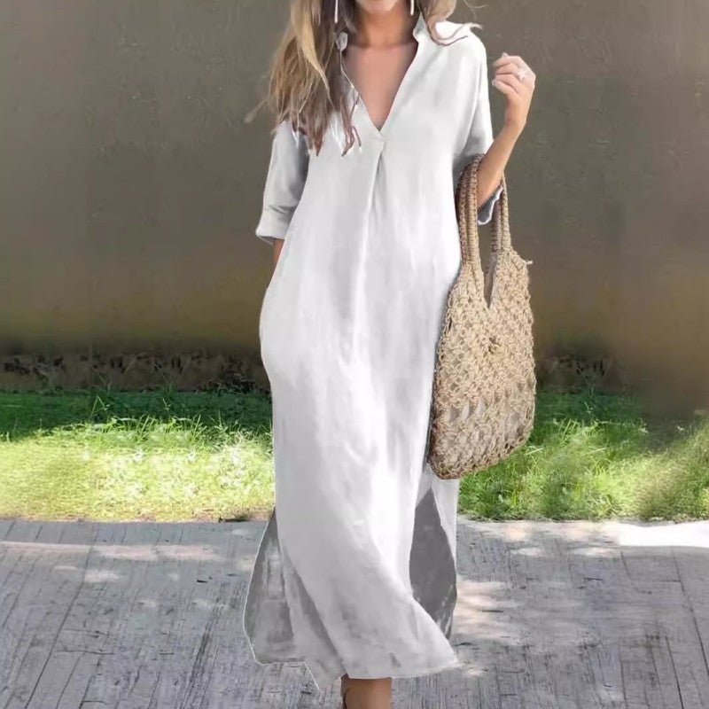 Linen Casual Style V-Neck Dress