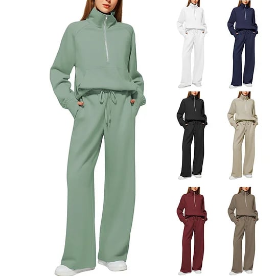 Women's Solid Color Cotton Half Zip Two-Piece Set